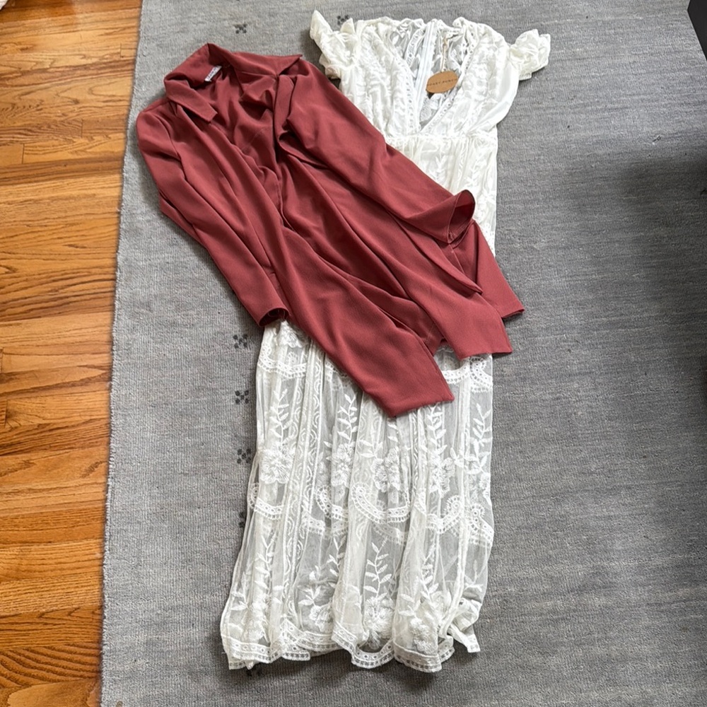 Elegant White Lace Dress with Mauve Belted Jacket - Size Small